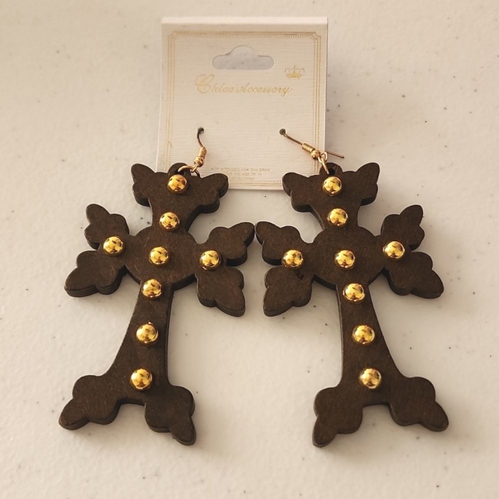 3 for $18 NWT Dark Brown Wooden and Gold Studded Cross earrings